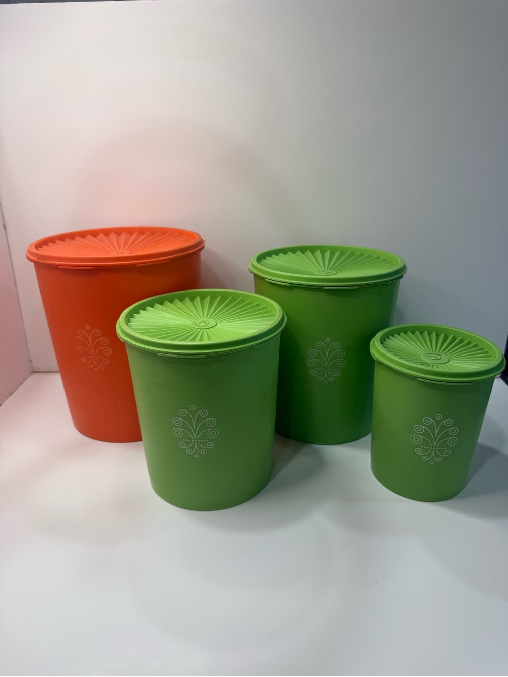 Set of 4 Retro Tupperware Servalier Plastic Storage Canisters - Green & Orange